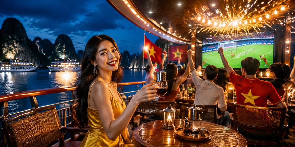 Người dùng xem kết quả xổ số và đặt vé online bên tách cà phê tại Hạ Long Bay