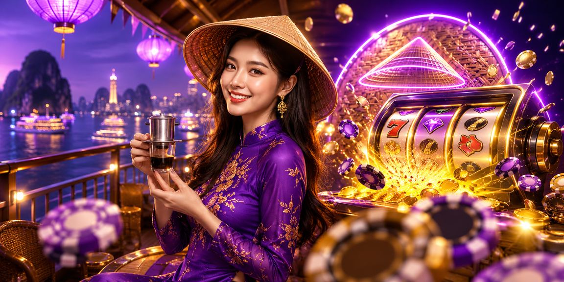 Người phụ nữ đội nón lá chơi slot game tại khu vực Vịnh Hạ Long trên điện thoại
